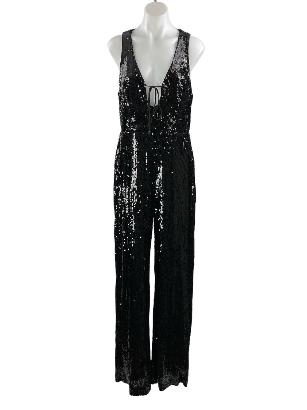 If By Sea Women's Black Sleeveless Sequin Tie Plunging V-Neck Romper Jumpsuit L